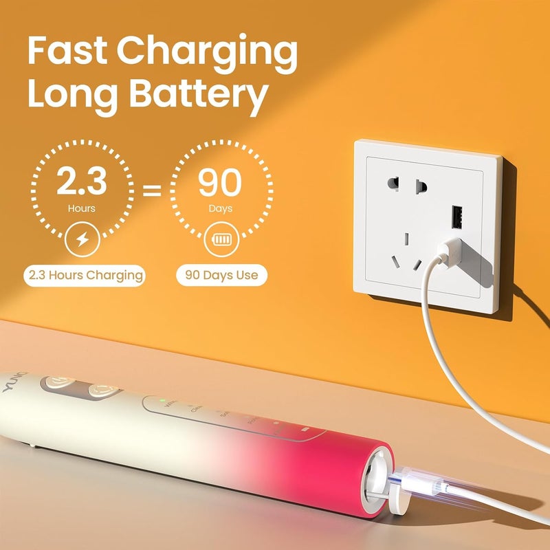 YUNCHI Electric Toothbrush Birthday/Valentine Plastic 8 Dupont Heads 24-Mo Deep Cleans Gentle Gums Removes Stains 3Hr USB-C 90d 2-Min Timer/30s IPX7 - Yellow Red - Image 4